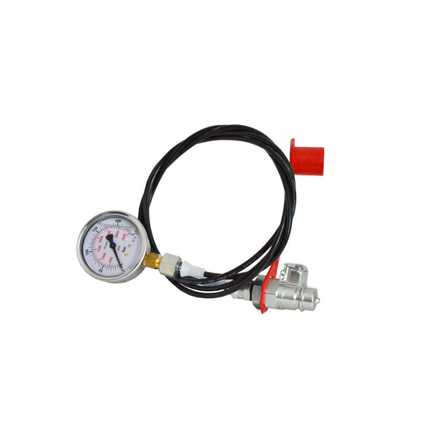 Hydraulik Druckprüfer mit Messchlauch 2m länge, SVK KUpplung und Staubschutz rot, Glyzerin Manometer 250 bar, Messverschraubun M16x2 auf 1/2 zusammen geschraubt