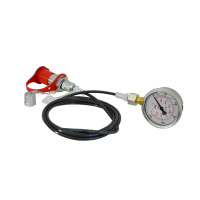 Hydraulik Druckprüfer mit Messchlauch 2m länge, SVK KUpplung und Staubschutz rot, Glyzerin Manometer 250 bar, Messverschraubun M16x2 auf 1/2 auseinander gebaut