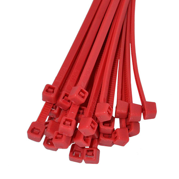Hundert rote Kabelbinder in der darstellung stehend und im Bündel