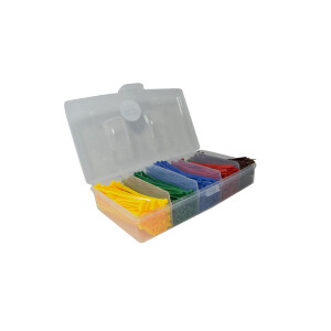 5er kabelbinder set bunt 2,5x100 in wählbaren farben wird diagonal in einer transparenten box dargestellt
