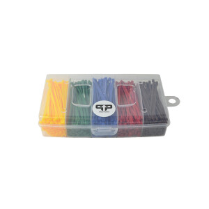 bunte kabelbinderbox in transparenter aufbewahrungsbox mit geschloßenem deckel und einem runden schwarz weißem PP aufkleber