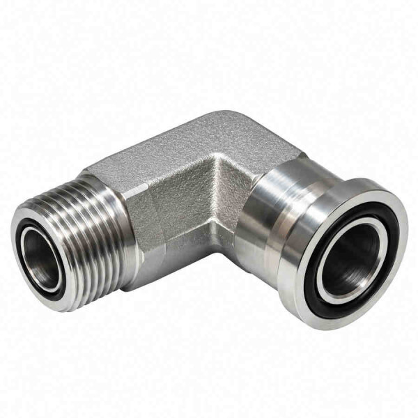 SAE Winkel Flanschverschraubung im 90 grad Winkel für 6000 PSI mit einem ORFS Anschlussgewinde zur linken Seite und mit einem Flansch zur rechten Seite