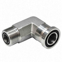 SAE Winkel Flanschverschraubung im 90 grad Winkel für 6000 PSI mit einem ORFS Anschlussgewinde zur linken Seite und mit einem Flansch zur rechten Seite