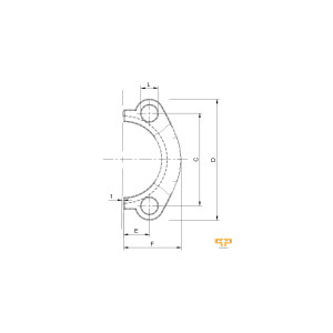 Technische Zeichnung einer Flanschhälfte von oben mit dem Abmaß E, F, C, D, L von Pro-Parts