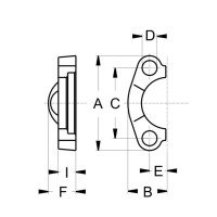 Technische Zeichnung einer CAT Flanschhälfte 9000 PSI mit Seitlicher ansicht und von Oben Mit den Abmaßen I,F und A, C, B, E, D