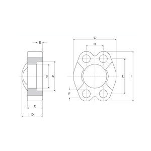 Vollflansch 3000PSI technische Zeichnung mit Seiten Ansicht und den Abmaßen D,C, B, A, E und der Zeichnung von Oben mit dem Abmaß F, L, I, H, G