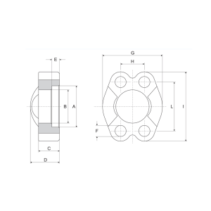 Vollflansch 3000PSI technische Zeichnung mit Seiten Ansicht und den Abmaßen D,C, B, A, E und der Zeichnung von Oben mit dem Abmaß F, L, I, H, G