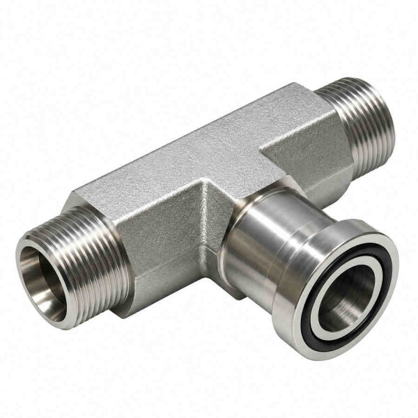 SAE Flanschverschraubung in T Form für 3000PSI in leichter Baureihe hat vorne links und hinten rechts das gleiche metrische Gewinde und vorne rechts einen Flansch mit einem schwarzen O-Ring in der Nut