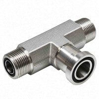 SAE Flanschverschraubung in T-Form für 3000 PSI mit einem ORFS Anschlussgewinde links vorne und und rechts hinten vorne rechts ist der Flansch mit einem schwarzen O-Ring