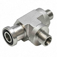 SAE Flanschverschraubung in L Form für 3000PSI in metrisch leicht hat vorne links einen Flansch mit einem schwarzen O-Ring in der Nut und hinten rechts und vorne rechts das gleiche metrische Gewinde