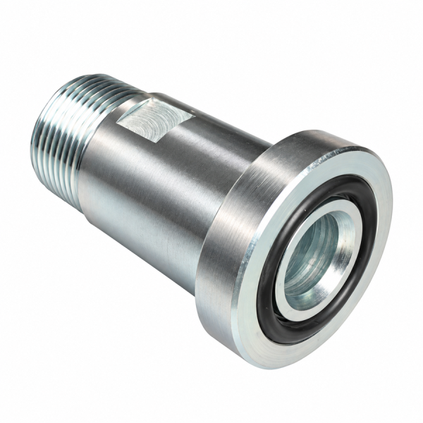 SAE Flanschverschraubung gerade für 3000PSI mit einem BSPP zölligem Anschlussgewinde hinten links und vorne rechts befindet sich der Flansch mit einem schwarzen O-Ring in der Nut