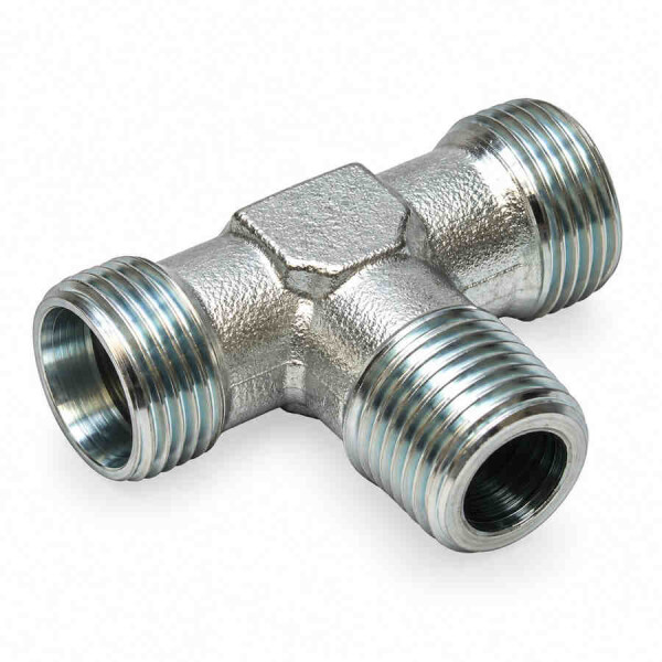 Einschraubverschraubung in T Form in der Ausführung metrisch leicht mit NPT kegeligem Einschraubgewinde unten