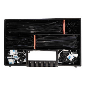 650 teiliger Kunststoffkoffer mit Kabelbinder Klebesockel und Schraubsockel in schwarz als Set wird von oben dargestellt