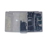 5er befestigungsmaterial schwarz weiß mit klebesockel, schraubsockel und kabelbinder in einer transparenten box mit geschloßenem deckel