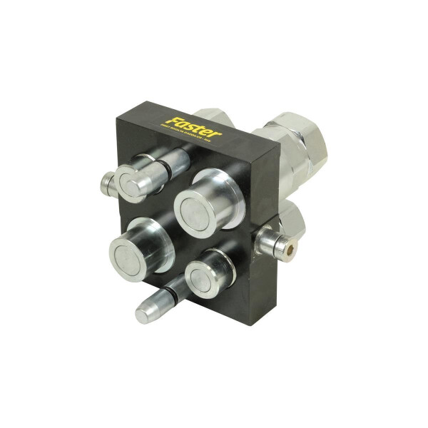 Faster Multikuppler Loshälfte P510 mit 2 bis 4 Hydraulik Einsätzen und 2 Führungsbolzen die diagonal im Bild dargestellt werden