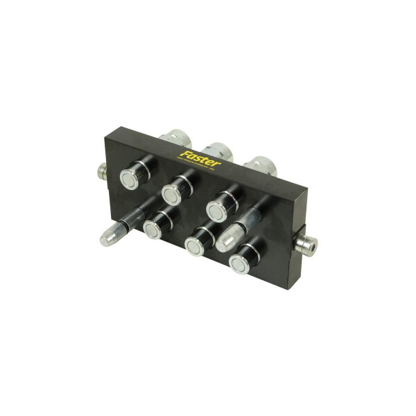 Faster Multikuppler Loshälfte P606 von Pro-Parts hat 6 Hydraulikeinsätze und wird mit den Führungsbolzen nach vorne dargstellt