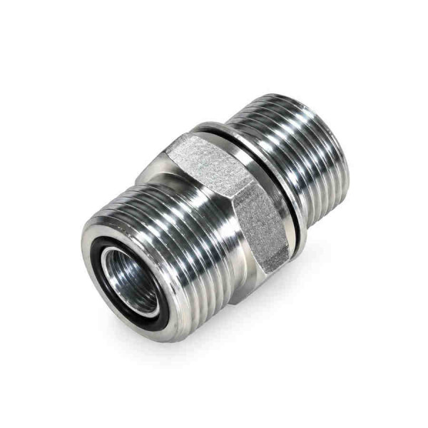 Einschraubverschraubung ORFS hat vorne ein Außengewinde mit einem O-Ring in der Nut und hinten ist das metrische Einschraubewinde mit O-Ring und Kammerring