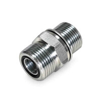 Einschraubverschraubung ORFS hat vorne ein Außengewinde mit einem O-Ring in der Nut und hinten ist das metrische Einschraubewinde mit O-Ring und Kammerring