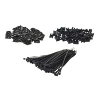 schwarzes Set mit Kabelbinder Klebesockel und schraubsockel werden liegend und getrennt voneinander dargestellt