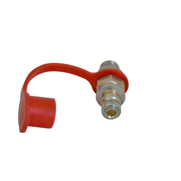 Hochdruckstecker mit zölligem Außengewinde und einer roten Staubschutzkappe