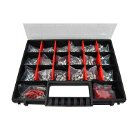 Abschmiernippel Set im offenem Koffer in abgepackten Tütchen mit roten Ersatzkappen