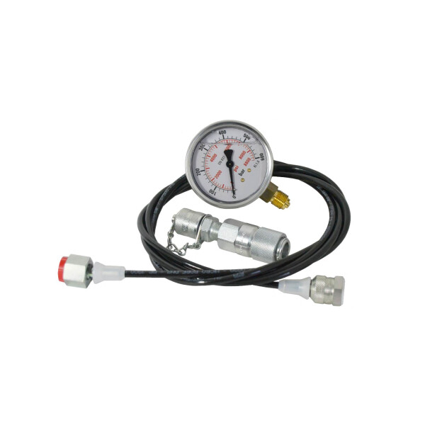 Hydraulik Druckprüfer mit 250 bar Manometer liegt zusammengeschraubt auf der Vorgefrästen Schaumstoffplatte und wird von oben abgelichtet