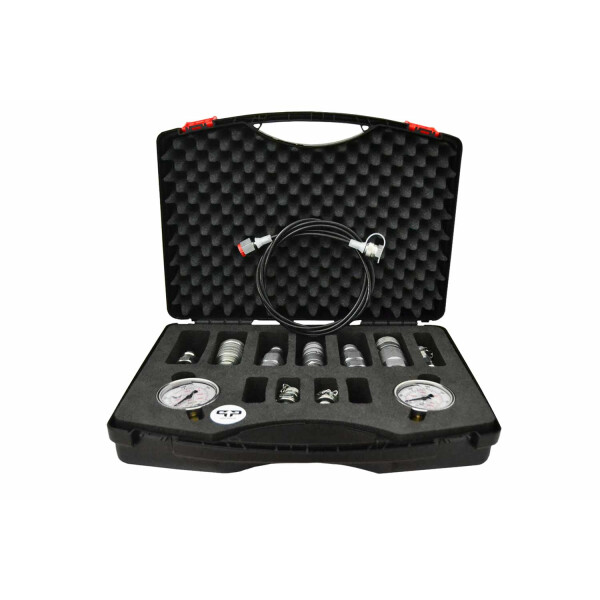 Hydraulic measuring case with glycerine pressure gauge, measuring hose, measuring screw connection and hydraulic couplings SVK, flat face, diagnostic coupling