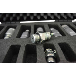 Hydraulic measuring case with glycerine pressure gauge, measuring hose, measuring screw connection and hydraulic couplings SVK, flat face, diagnostic coupling