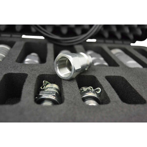 Hydraulic measuring case with glycerine pressure gauge, measuring hose, measuring screw connection and hydraulic couplings SVK, flat face, diagnostic coupling