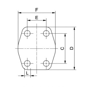 Technische Zeichnung einer SAE Abschlussplatte für 6000PSI und 9000PSI wird mit den Abmaßen L, C, D, E, F angegeben von Pro-Parts