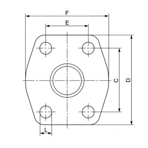 SAE Abschlussplatte als technische zeichnung mit O-Ringnut mit den Abmaßen L, C, D, E, und F von Pro-Parts