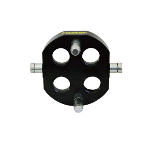 Faster Multikuppler Loshälfte P508 wird mit den 4 Hydraulik Einsetzten und 2 Führungsbolzen diagonal nach vorne dargestellt