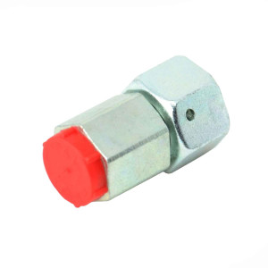 liegende MAVE -DKO-LR Manometerverschraubung vormontiert mit einem roten Staubschutzdeckel