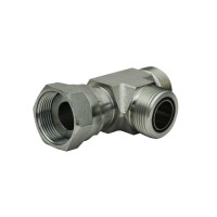 Einstellbare Hydraulik L Verschraubung mit einem UN/UNF Anschlussgewinde (ORFS) hat vorne links ein Innengewinde durch die Überwurfmutter und vorne rechts ist ein UN/UNF Außengewinde mit einem O-Ring in der Nut