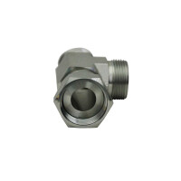 Die Einstellbare Hydraulik L Verschraubung mit einem UN/UNF Anschlussgewinde (ORFS) hat vorne ein Innengewinde durch die Überwurfmutter und vorne rechts ist ein UN/UNF Außengewinde