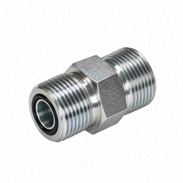 Gerade Verschraubung mit einem ORFS Doppelnippel mit einem schwarzen O-Ring in der Nut