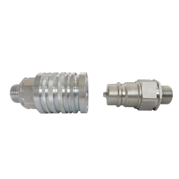 Schnellverschlussstecker und Muffe in der Ausführung metrisch leicht zur linken die Muffe und zur rechten Seite der Stecker