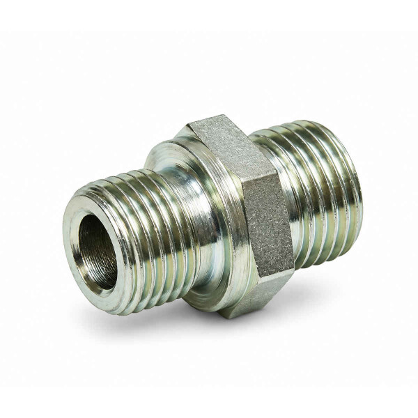 Gerade Einschraubverschraubung ohne Weichdichtung mit metrischem Gewinde und zölligem Einschraubgewinde beide Seiten haen Außengewinde und wird diagonal im Bild dargestellt