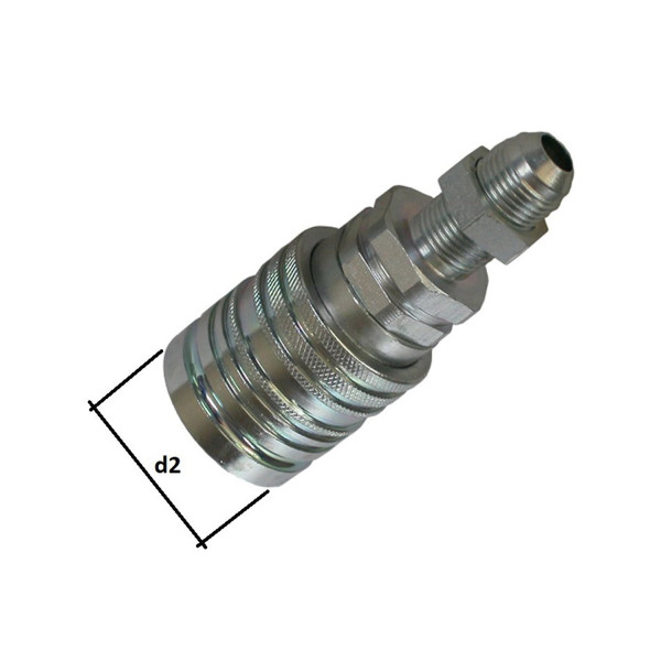 SVK Muffe unter Druck kuppelbar mit einem JIC Schottgewinde und Kontermutter und einem 74 grad Konus rechts und unten links wird es mit d2 gekennzeichnet