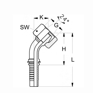 Technische Zeichnung eines Pressnippels im 45 grad Winkel mit den Abmaßen SW K G 24° Konus H und L