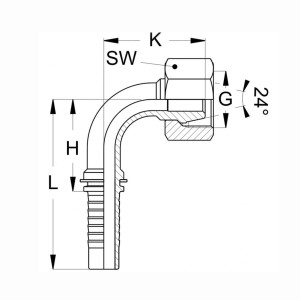 Technische Zeichnung eines 90 grad dargestellten Pressnippels mit den Abmaßen L H SW K G und 24° Konus