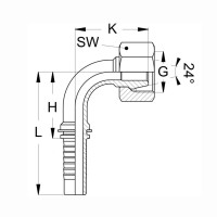 Technische Zeichnung eines 90 grad dargestellten Pressnippels mit den Abmaßen L H SW K G und 24° Konus