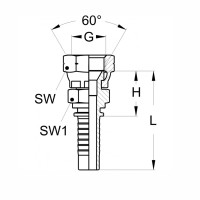 Technischezeichnung eines geraden Pressnippels mit Überwurfmutter mit den Abmaßen SW1 SW G 60° Innenkonus H und L