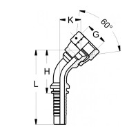 Technischezeichnung eines Pressnippels im 45 grad Winkel mit den Abmaßen L H K G und 60° Innenkonus
