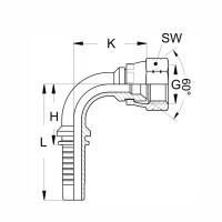 Technische Zeichnung eine Pressnippels im 90° Winkel mit den Abmaßen L H K SW G und 60° Konus