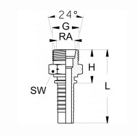 Technische Zeichnung eines CEF Pressnippel französische Baureihe mit den Abmaßen SW RA G und 24° Konus sowie H und L