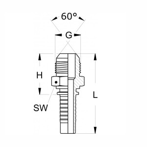 Technischezeichnung eines geraden Pressnippels mit Außengewinde und den Abmaßen SW H G 60° Konus und L