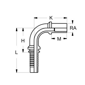 Technische Zeichnung eines BEL Pressnippelsmit den Abmassen L H K M und RA