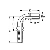 Technische Zeichnung eines BEL Pressnippelsmit den Abmassen L H K M und RA