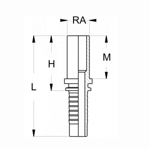 Technischezeichnung eines Rohrstutzen mit geradem Schlauchnippelanschluss mit den Abmaßen L H RA und M